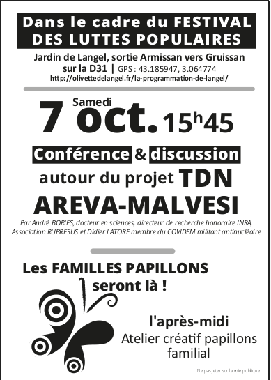 TDN / AREVA / Malvési - Conférence & discussion sur le projet @ Olivette et Jardin de Langel | Armissan | France