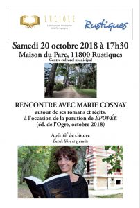 LUCIOLES : rencontre d'écrivain samedi 20 octobre à Rustiques @ Maison du Parc,  Centre Culturel municipal | Rustiques | France